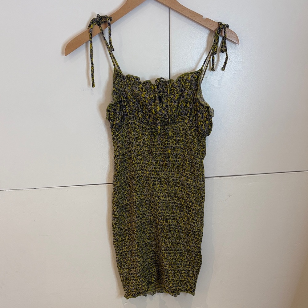 Mustard Yellow Tie Strap Smocked Mini Dress M